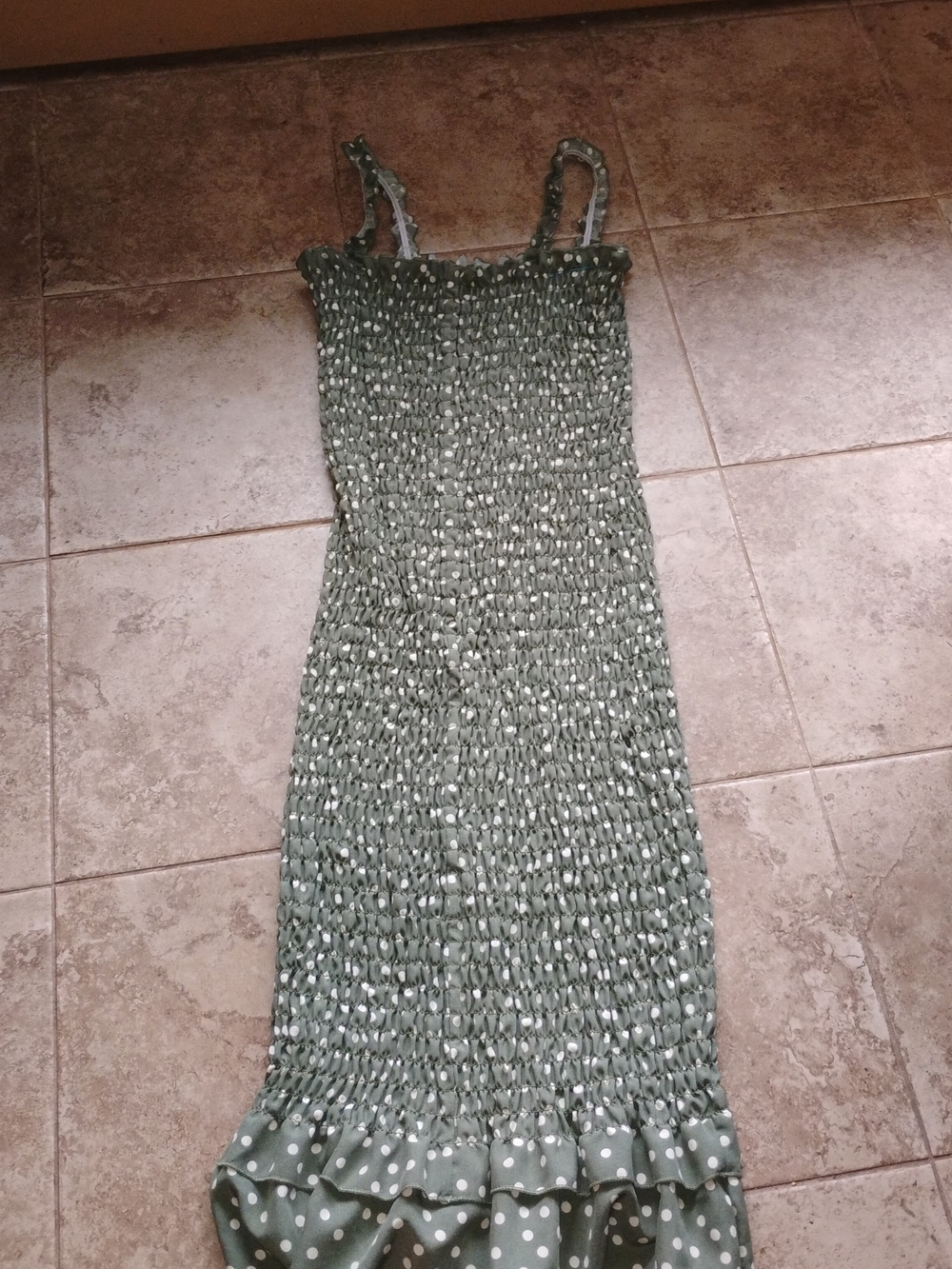 Sage Green Smocked Polka Dot Maxi Dress with Ruffle Hem